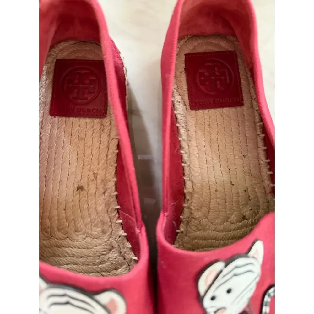 Tory Burch Tilly The Tiger Red Canvas & Leather Slip On Espadrille Flats